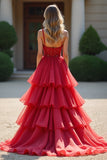 Sparkly Red Ball Gown Deep V Ruffles Tulle Long Prom Dress with Beaded