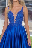 Sparkly Royal Blue A-Line Plunging V Neck Satin Long Prom Dress with Appliques