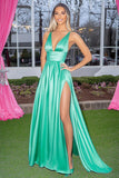 Mint A-Line V Neck Satin Long Prom Dress with Slit