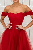 Red A-Line Off the Shoulder Tulle Ball Gown with Slit