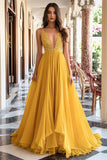 Yellow A-Line Deep V Neck Tulle Long Prom Dress with Appliques