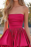 Fuchsia A-Line Strapless Ruffles Satin Pleating High-Low Prom Dress