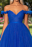 Sparkly Royal Blue Off the Shoulder Tulle Ball Gown