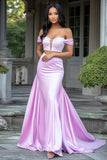 Lilac Mermaid Off the Shoulder Satin Long Prom Dress with Lace