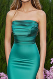 Green Mermaid Strapless Ruched Satin Long Prom Dress with Slit