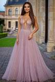 Sparkly Dusty Rose A-Line Deep V Neck Tulle Long Prom Dress