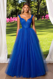 Sparkly Royal Blue V Neck Tulle Ruched Prom Dress