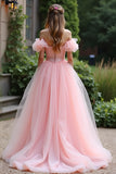 Pink Ball Gown Off the Shoulder Ruffles Tulle Long Prom Dress