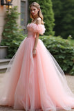 Pink Ball Gown Off the Shoulder Ruffles Tulle Long Prom Dress