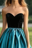 Black Peacock Blue Ball Gown Strapless Satin Pleating Long Prom Dress