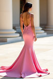 Pink Mermaid Satin Spaghetti Straps Long Prom Dress with Appliques