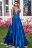 Sparkly Royal Blue A-Line Deep V Neck Appliques Satin Prom Dress with Sequins