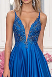 Sparkly Royal Blue A-Line Deep V Neck Appliques Satin Prom Dress with Sequins