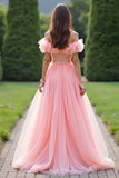 Princess Pink Ball Gown Ruffled Off the Shoulder Tulle Long Prom Dress with Beading