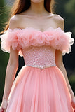 Princess Pink Ball Gown Ruffled Off the Shoulder Tulle Long Prom Dress with Beading