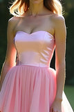 Pink A-Line Strapless Ruffles Tulle Ball Gown