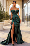 Dark Green Mermaid Off the Shoulder Satin Ruched Long Prom Dress with Slit