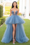 Grey Blue A Line Strapless Tulle Hi-Low Prom Dress