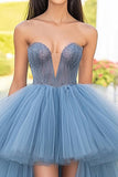 Grey Blue A Line Strapless Tulle Hi-Low Prom Dress