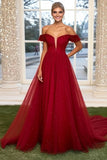 Sparkly Burgundy Ball Gown Off the Shoulder Tulle Long Prom Dress with Beading