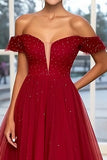 Sparkly Burgundy Ball Gown Off the Shoulder Tulle Long Prom Dress with Beading