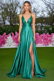 Green Satin Spaghetti Straps A-Line Ruched Long Prom Dress with Slit