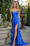 Royal Blue Sweetheart Satin Sheath Long Prom Dress with Ruffles