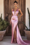 Pink V-Neck Sheath Cut Out Long Prom Dress with Slit