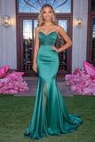 Green Satin Strapless Mermaid Long Prom Dress with Slit