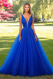 Royal Blue Tulle Deep V-Neck A-Line Long Prom Dress