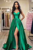 Green Satin Sweetheart A-Line Long Prom Dress with Slit