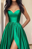 Green Satin Sweetheart A-Line Long Prom Dress with Slit