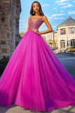 Fuchsia V-Neck Tulle A-Line Long Prom Dress