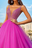 Fuchsia V-Neck Tulle A-Line Long Prom Dress