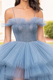 Grey Blue Spaghetti Straps Tulle Ruffled A-Line Long Prom Dress