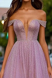 Dusty Rose Glitter Off the Shoulder A-Line Long Prom Dress