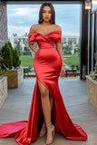 Red Satin Off the Shoulder Mermaid Long Prom Dress with Slit