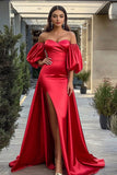 Red Satin A-Line Long Prom Dress with Slit