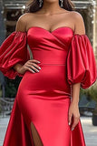 Red Satin A-Line Long Prom Dress with Slit