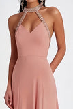 Halter Chiffon Pink Sheath Ruched Formal Dress with Beading