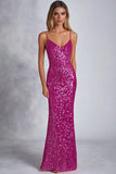 Sparkly Sequins Fuchsia Spaghetti Straps Sheath Formal Dress