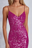 Sparkly Sequins Fuchsia Spaghetti Straps Sheath Formal Dress