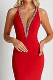 Red Matte Satin Deep V-Neck Sheath Formal Dress