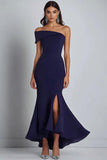 Navy Crepe One Shoulder Sheath Formal Dress with Slit