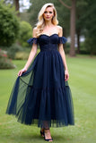 Navy Off the Shoulder A Line Formal Dress