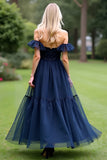 Navy Off the Shoulder A Line Formal Dress