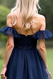 Navy Off the Shoulder A Line Formal Dress