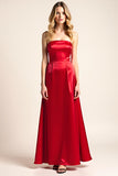 Red Satin A Line Strapless Long Formal Dress