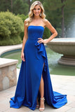 Royal Blue Strapless Sheath Crepe Formal Dress with Slit