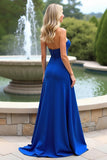 Royal Blue Strapless Sheath Crepe Formal Dress with Slit